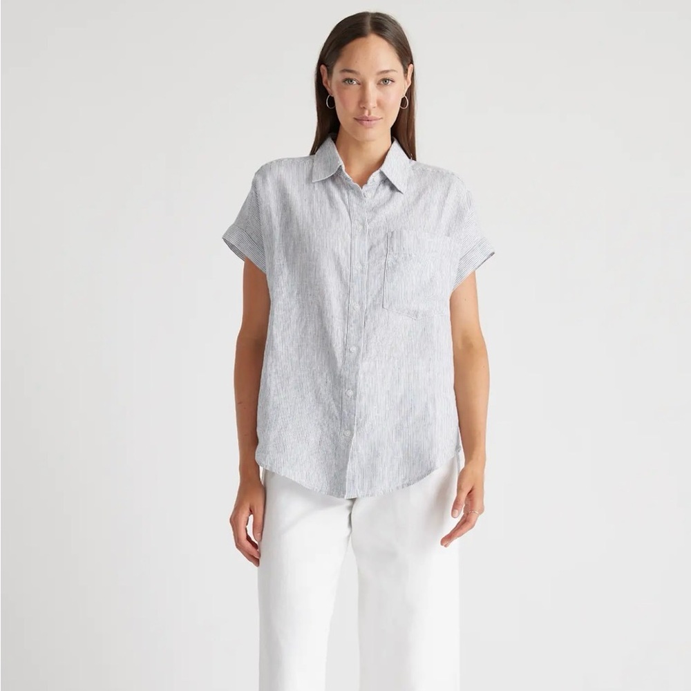 Quince Light Blue and White Striped Short Sleeve Button-Down Shirt - Picture 2 of 6